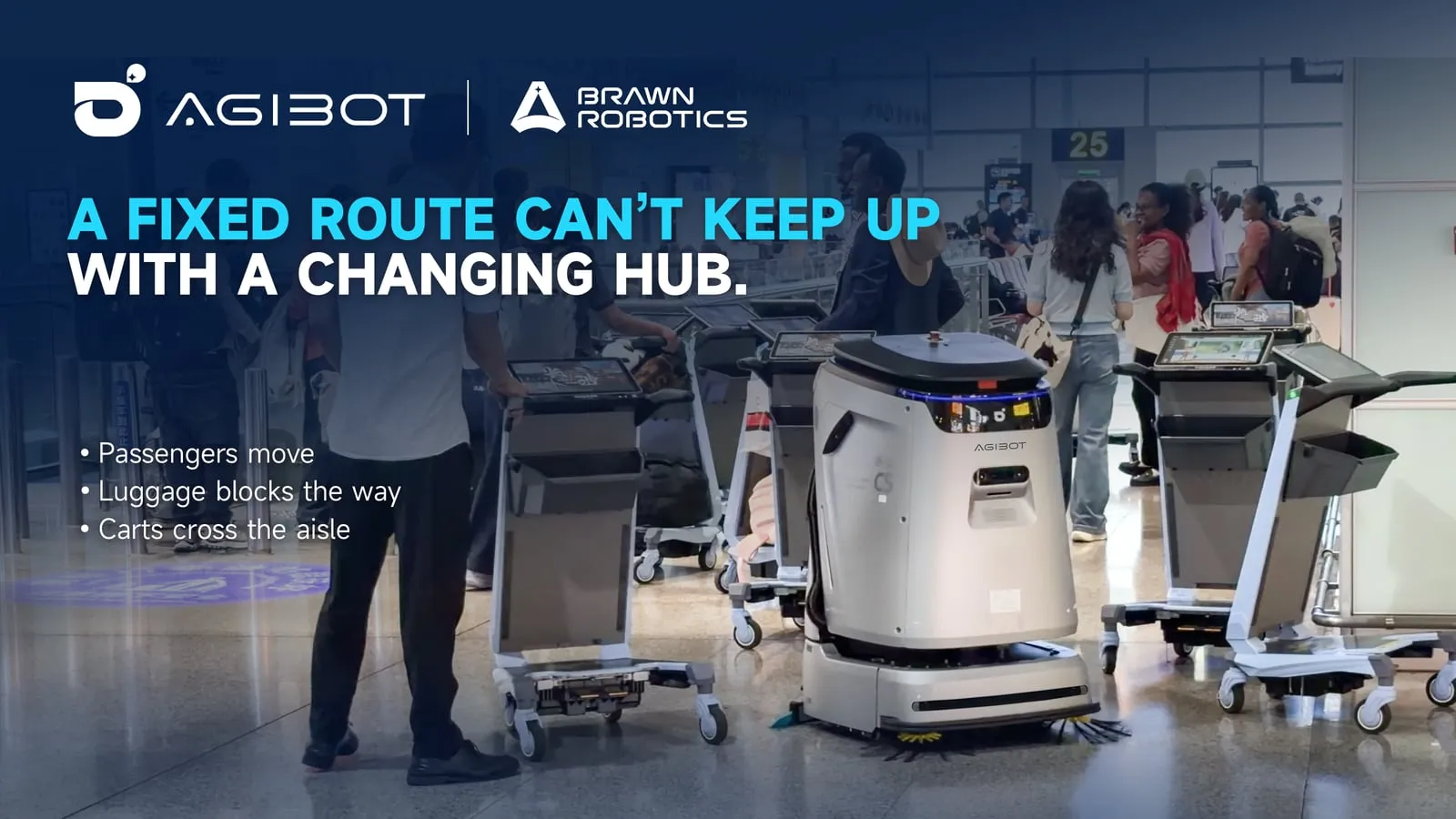 Poster: a fixed route cannot keep up with a changing hub — passengers and luggage moving through a terminal