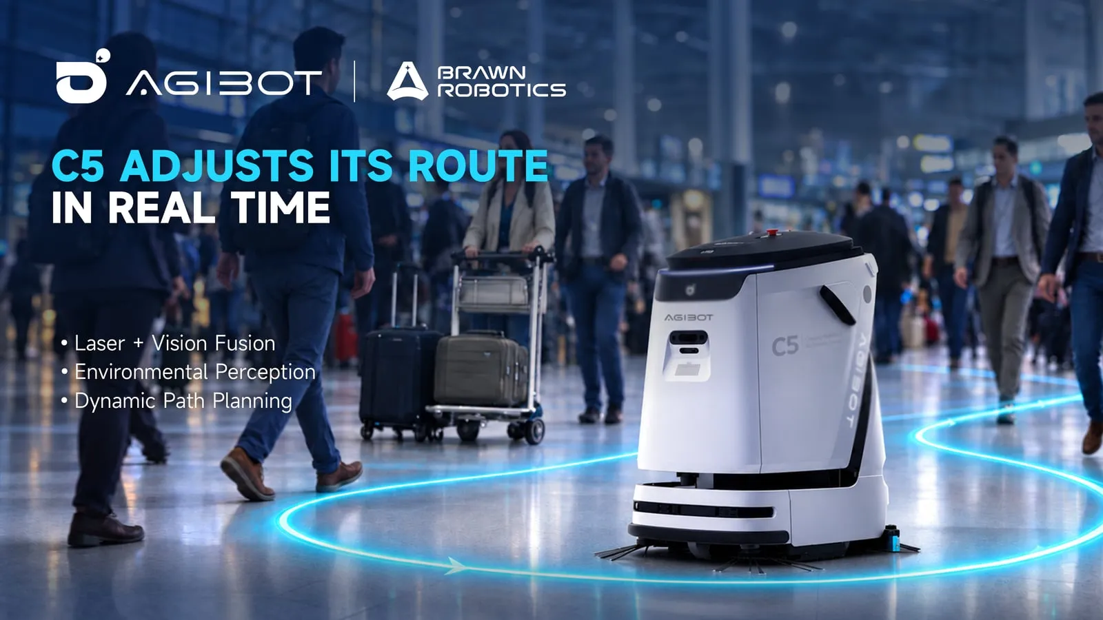 海报：AGIBOT C5 在交通枢纽中随人流行李实时调整路线