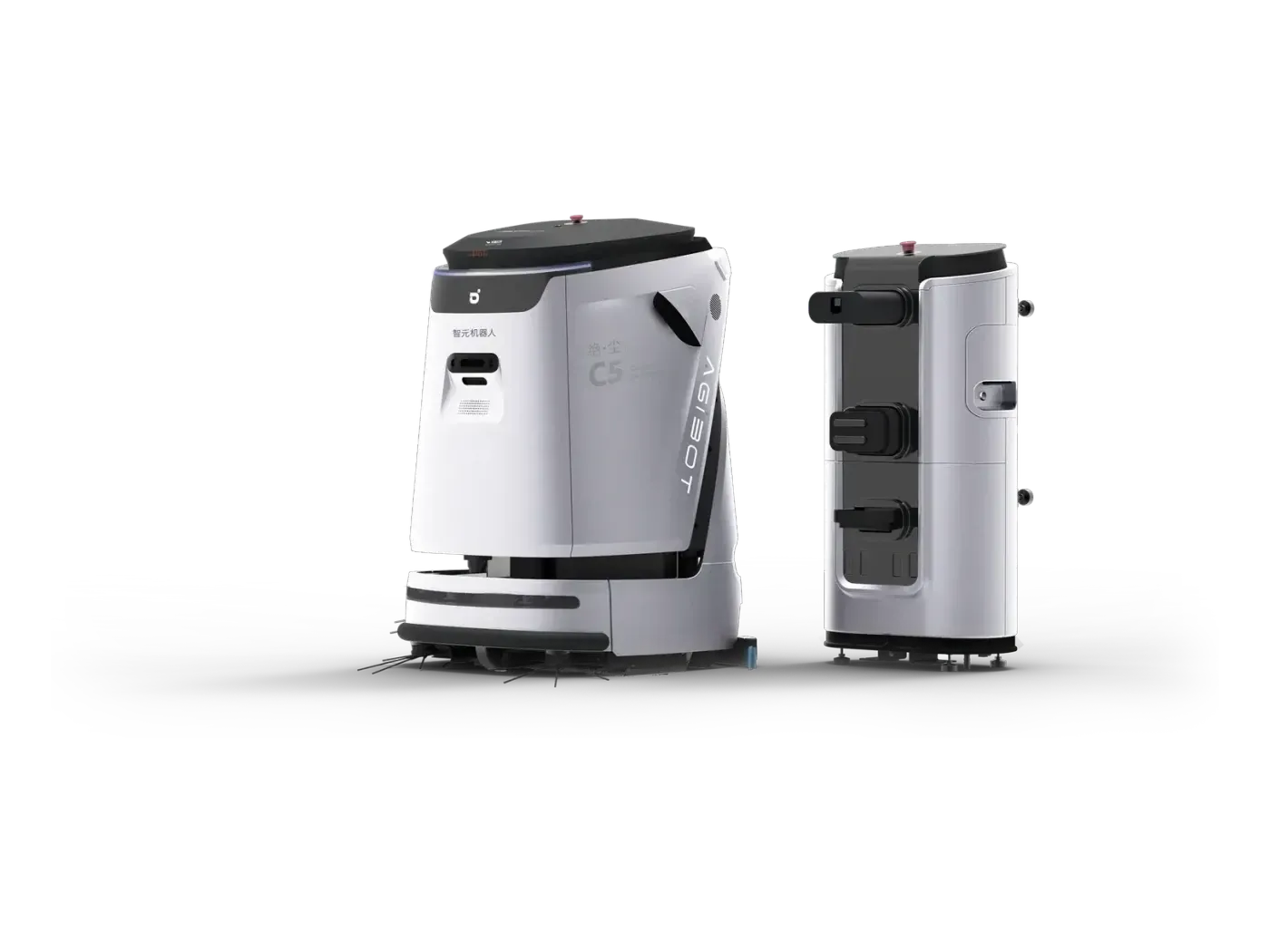 The AGIBOT C5 cleaning robot docked at its charging and water station