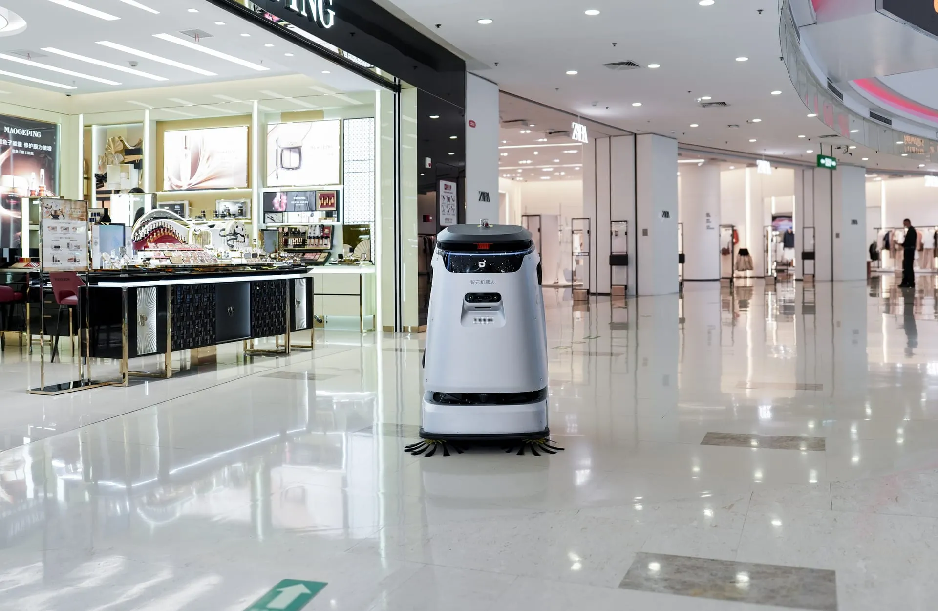 Along the counters of a department-store floor